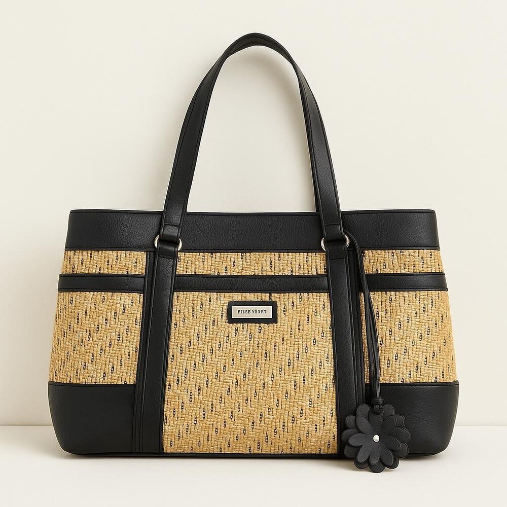 Nine West Woven Straw & Black Faux Leather Tote Bag with Flower Charm